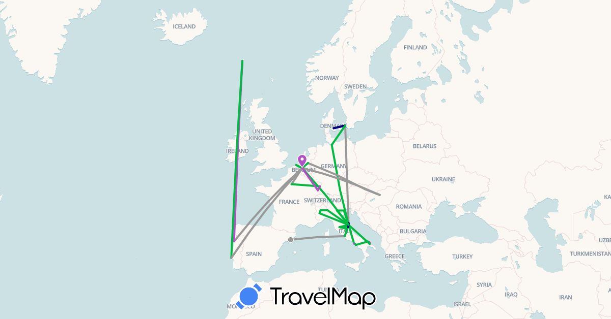TravelMap itinerary: driving, bus, plane, train in Austria, Belgium, Germany, Denmark, Spain, Faroe Islands, France, Hungary, Italy, Netherlands, Portugal (Europe)